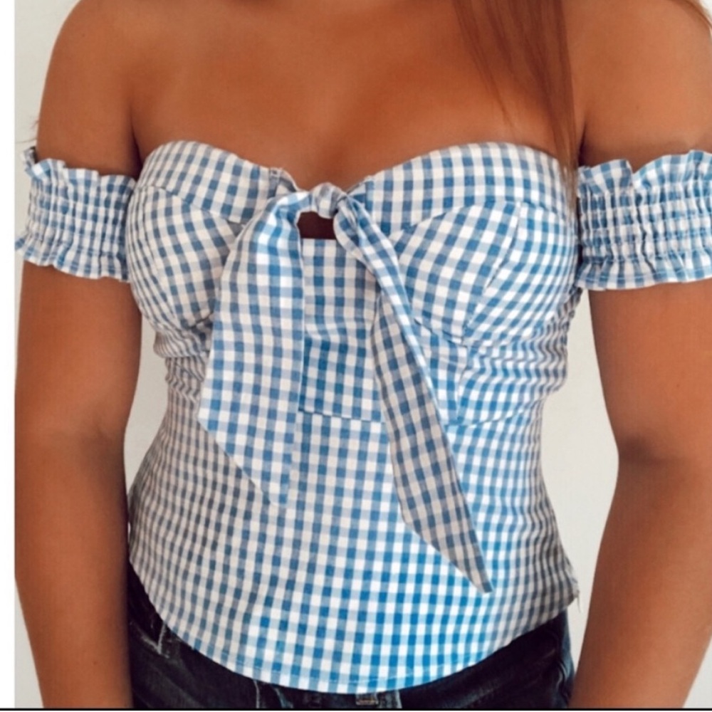 Seek The Label Blue Gingham Off the Shoulder Crop Front Tie Top